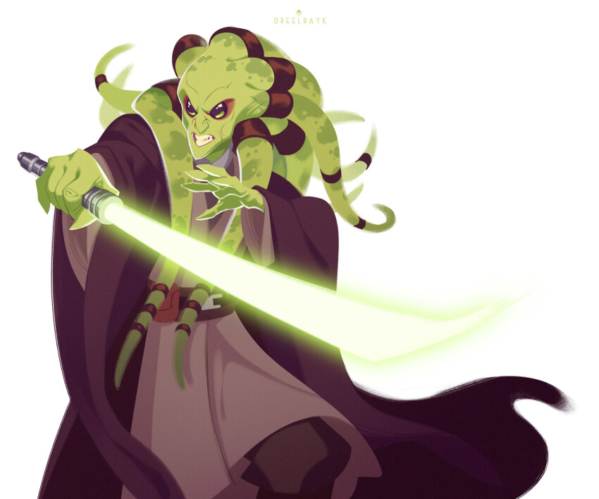 1boy absurdres alien brown_robe brown_tunic colored_skin energy_sword green_lightsaber green_skin highres holding holding_sword holding_weapon kit_fisto lightsaber nautolan open_clothes open_robe robe simple_background solo star_wars sword tentacle_hair tunic valerio_buonfantino weapon white_background