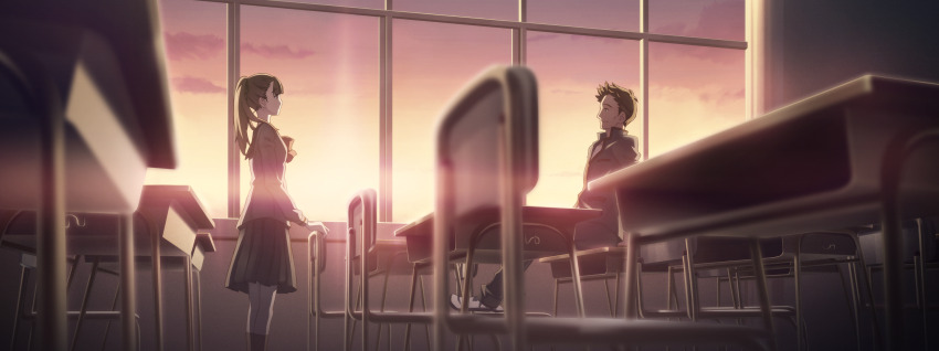 1boy 1girl aged_down black_stripes blazer blue_jacket blue_sailor_collar blue_skirt blue_socks blunt_bangs bow brown_eyes brown_hair buttons chair chest_bow chuo_tanegashima_high_school_uniform chuo_tanegashima_high_winter_school_uniform classroom desk feet_on_chair fukuda_tomonori game_cg grey_jacket grey_shirt hand_on_chair highres indoors jacket kneehighs long_hair long_sleeves looking_at_another miniskirt nagafukada_mitsuhiko no_beard official_art on_desk open_collar pleated_skirt ponytail red_bow robotics;notes sailor_collar school school_chair school_desk school_uniform senomiya_misaki shirt shoes short_hair sitting sitting_on_table skirt sneakers socks standing sunset very_short_hair white_shirt white_shoes white_sneakers window