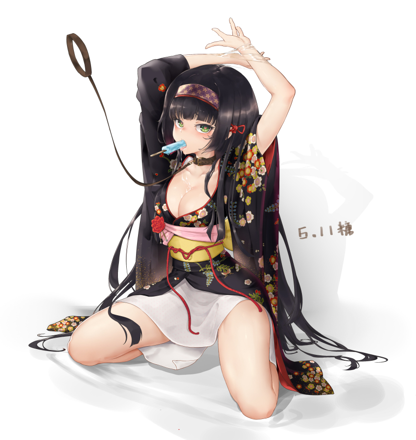 1girl absurdres arms_up bdsm bishoujo_mangekyou bishoujo_mangekyou:_kotowari_to_meikyuu_no_shoujo bishoujo_mangekyou_(series) black_hair blush bondage bound bow chinese_commentary drooling food food_in_mouth green_eyes hair_bow hair_ribbon heart heart-shaped_pupils highres japanese_clothes kimono kneeling l_ract leash long_hair open_mouth popsicle popsicle_in_mouth renge_(bishoujo_mangekyou) ribbon sexually_suggestive signature simple_background sitting spread_legs symbol-shaped_pupils tape thighs tongue tongue_out