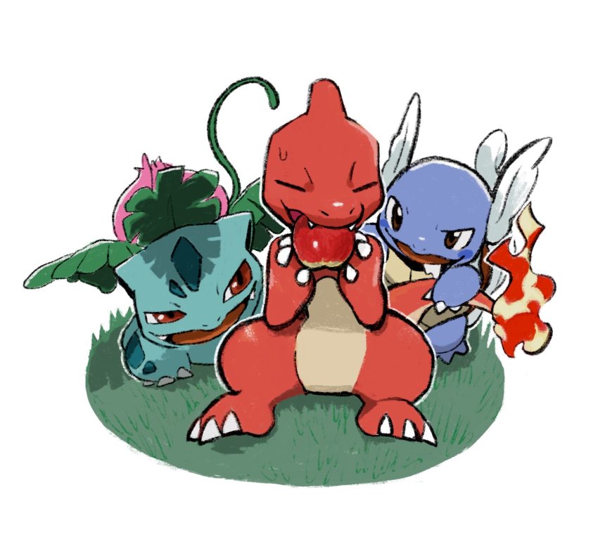 apple brown_eyes charmeleon claws closed_eyes commentary_request fangs fire flame-tipped_tail food fruit gen_1_pokemon grass highres holding holding_food holding_fruit ivysaur kochi8i nintendo no_humans open_mouth plant pokemon pokemon_(creature) red_eyes sitting starter_pokemon_trio sweatdrop tail tongue vines wartortle