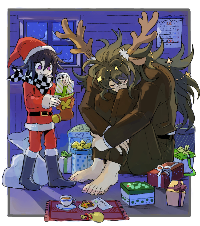 2boys animal_ears antlers barefoot border box brown_jacket brown_pants christmas closed_mouth danganronpa_(series) danganronpa_v3:_killing_harmony deer_ears gift gift_box glasses gokuhara_gonta hair_between_eyes highres horns jacket kumakoro_(tetsupag) long_hair male_focus messy_hair multiple_boys night oma_kokichi pants purple_eyes red_pants red_shirt santa_costume shirt sitting smile snow very_long_hair white_border window