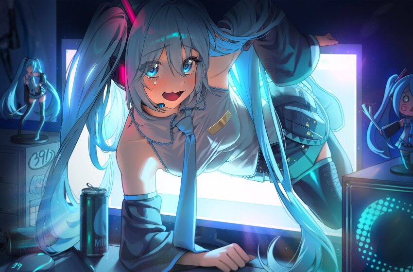 1girl @_@ absurdres bare_shoulders black_skirt blue_eyes blue_hair breasts commentary_request daae detached_sleeves energy_drink figure grey_shirt hatsune_miku highres long_hair miniskirt monitor pleated_skirt shirt skirt small_breasts solo tears through_medium through_screen twintails vocaloid wide_sleeves