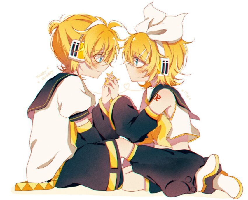 1boy 1girl bare_shoulders birthday black_leg_warmers black_sailor_collar black_shorts black_sleeves blonde_hair blue_eyes bow bow_hairband brother_and_sister commentary crop_top crop_top_overhang detached_sleeves english_text eye_contact eyes_visible_through_hair frilled_shirt frills from_side hair_between_eyes hair_bow hair_ornament hairband hairclip happy_birthday headset heart highres holding_hands kagamine_len kagamine_rin knees leg_warmers looking_at_another mattari_haruto messy_hair midriff neckerchief necktie open_mouth ponytail sailor_collar shirt shoes short_hair short_ponytail shorts shoulder_tattoo siblings simple_background smile tattoo twins vocaloid white_background white_bow white_shirt white_shoes wide_sleeves yellow_neckerchief yellow_necktie