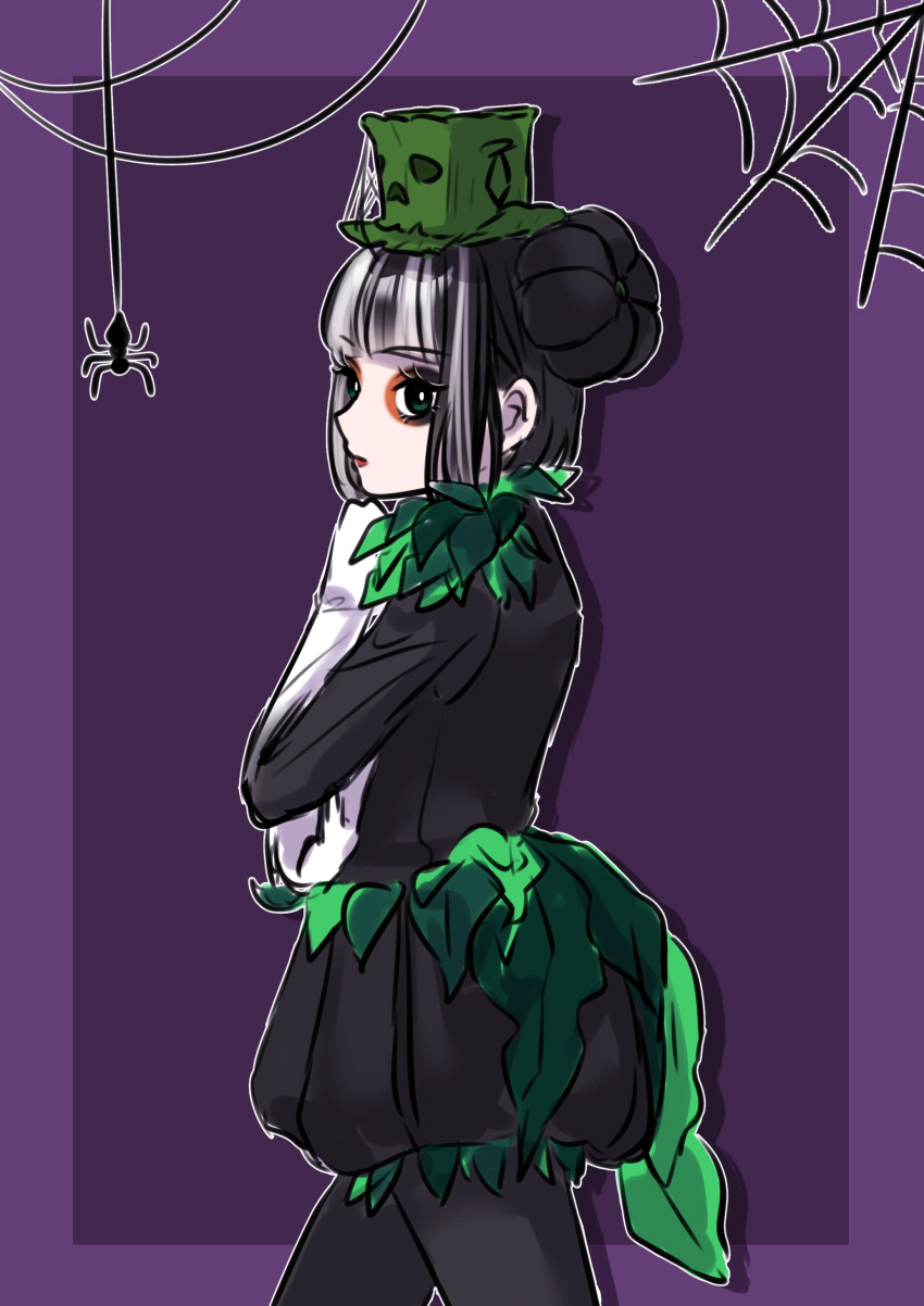 1girl absurdres aoiyuuna_811 black_hair bow character_request disneyland dress gloves halloween_costume hat highres long_hair long_sleeves looking_at_viewer makeup orange_eyes simple_background smile solo
