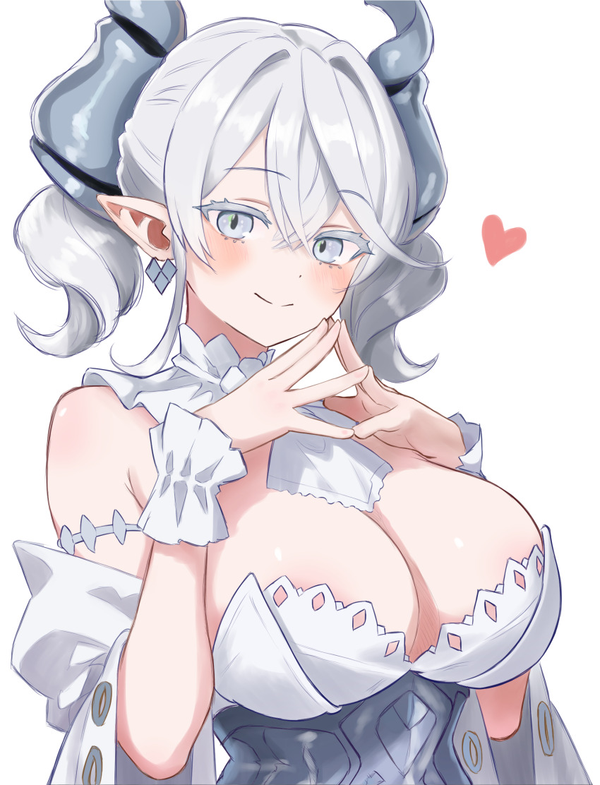 1girl absurdres armlet bamboo_tac bare_shoulders blush breasts cleavage closed_mouth demon_girl demon_horns drill_hair duel_monster earrings frilled_wrist_cuffs frills grey_corset grey_eyes grey_hair hair_between_eyes highres horns jewelry large_breasts looking_at_viewer lovely_labrynth_of_the_silver_castle pointy_ears short_hair smile solo twin_drills upper_body wrist_cuffs yu-gi-oh!
