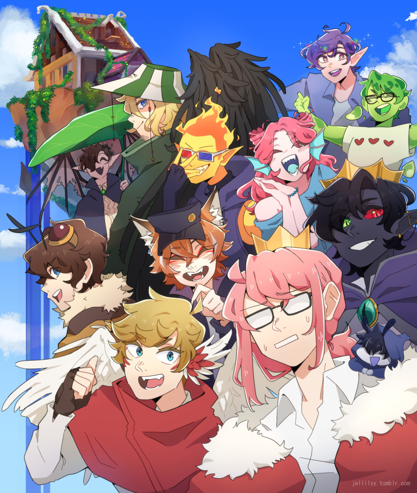1girl 3d_glasses 6+boys absurdres ahoge androgynous animal_ears animification antennae bat_wings bee_boy bird_boy bird_wings black_hair black_skin bleach blonde_hair blue_eyes bracelet bucket_hat cape colored_skin cosplay crow_boy crow_wings crown double_bun everyone eye_of_ender fiery_hair fins fish_girl fox_boy fox_ears fundy_(youtuber) fur_cape fur_trim glasses goggles goggles_on_head grin hair_bun happy hat head_fins head_wings heterochromia highres jack_manifold jack_manifold_(blazeborn) jellilyy jewelry long_hair male_focus minecraft minecraft_youtube mini_person miniboy monster_boy moth_boy multiple_boys nihachu nihachu_(merling) orange_hair origins_smp outdoors ph1lza ph1lza_(elytrian) pink_hair pink_skin pointy_ears prince purple_hair ranboo ranboo_(enderian) slime_boy slimecicle smajor1995 smajor1995_(starborne) smile sneegsnag technoblade the_pube_(origins_smp) tommyinnit tommyinnit_(avian) tubbo tubbo_(bumblebee) urahara_kisuke urahara_kisuke_(cosplay) vampire water waterfall wilbur_soot wilbur_soot_(phantom) wings
