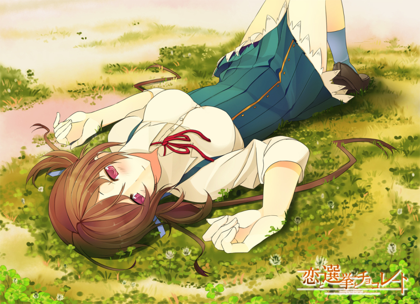 10s 1girl aomi_isara bad_id bad_pixiv_id brown_hair clover clover_(flower) female_focus flower grass koi_to_senkyo_to_chocolate lying on_back pink_eyes school_uniform shingo. sleeves_rolled_up solo twintails