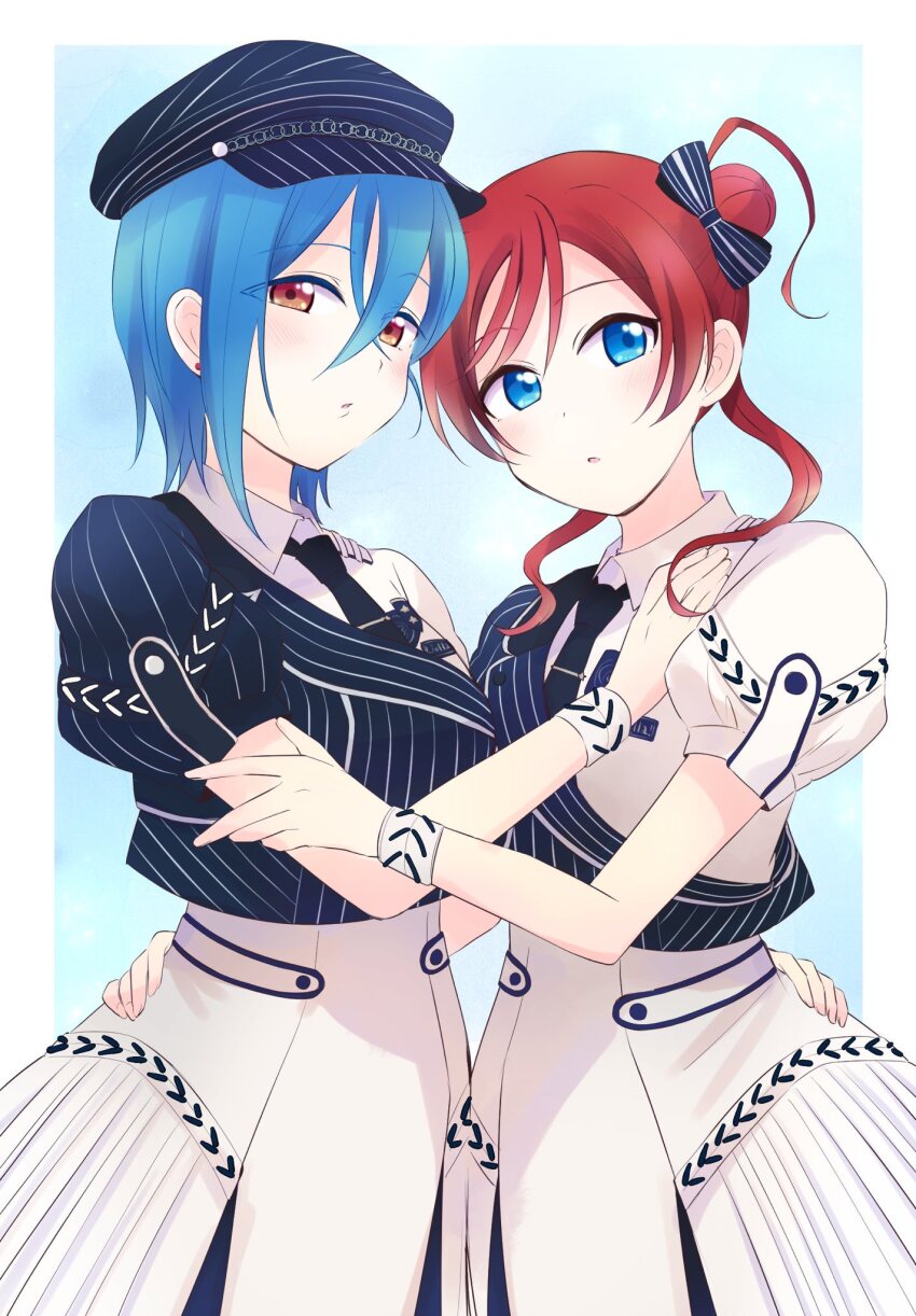 2girls black_hat black_necktie blue_eyes blue_hair border breasts collared_shirt commentary earrings hair_between_eyes hair_bun hand_on_another&#039;s_arm hand_on_another&#039;s_waist hat highres jewelry love_live! love_live!_superstar!! mame_mochiko multiple_girls necktie orange_eyes outside_border parted_lips red_hair shekira_(love_live!) shirt short_hair_with_long_locks short_sleeves single_hair_bun stud_earrings tie_clip wakana_shiki white_border wristband yoneme_mei