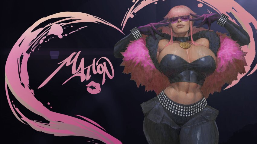 1girl abs absurdres black_gloves bracelet breasts character_name commentary gloves highres huge_breasts ickpot jewelry large_breasts manon_legrand muscular muscular_female navel official_alternate_costume pendant_choker short_hair_with_long_locks solo stomach street_fighter street_fighter_6 sunglasses tight_clothes