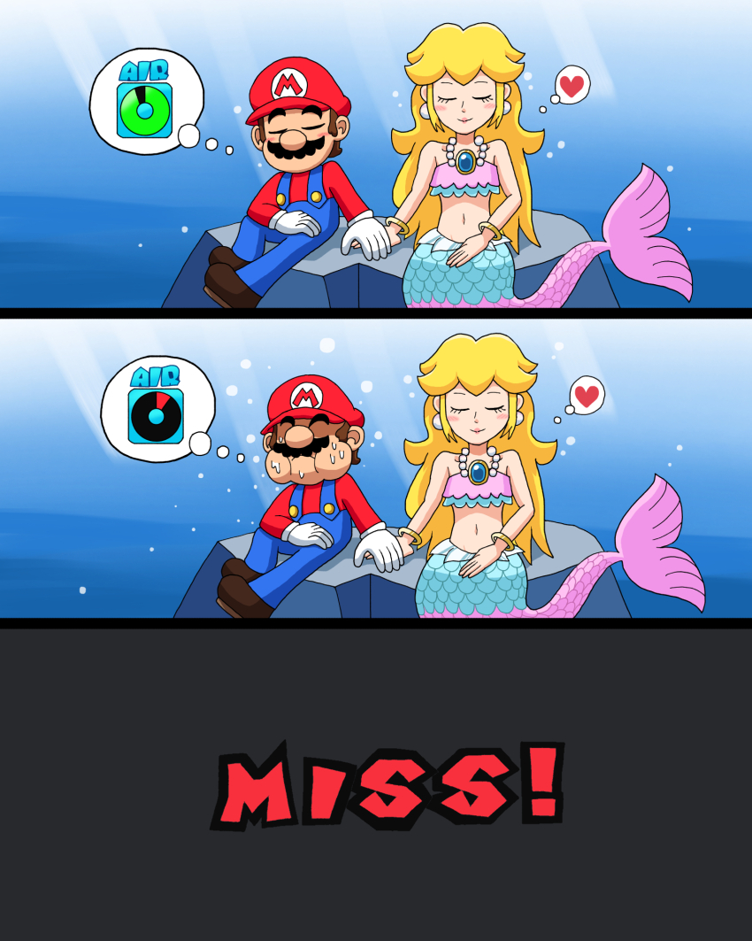 1boy 1girl blonde_hair blue_eyes brown_hair earrings facial_hair gloves hat heart highres holding_hands jewelry long_hair mario mario_(series) mermaid_peach mustache navel necklace nintendo overalls princess_peach princess_peach:_showtime! sitting smile spoken_heart struggling sunlight super_mario_galaxy sweat underwater water
