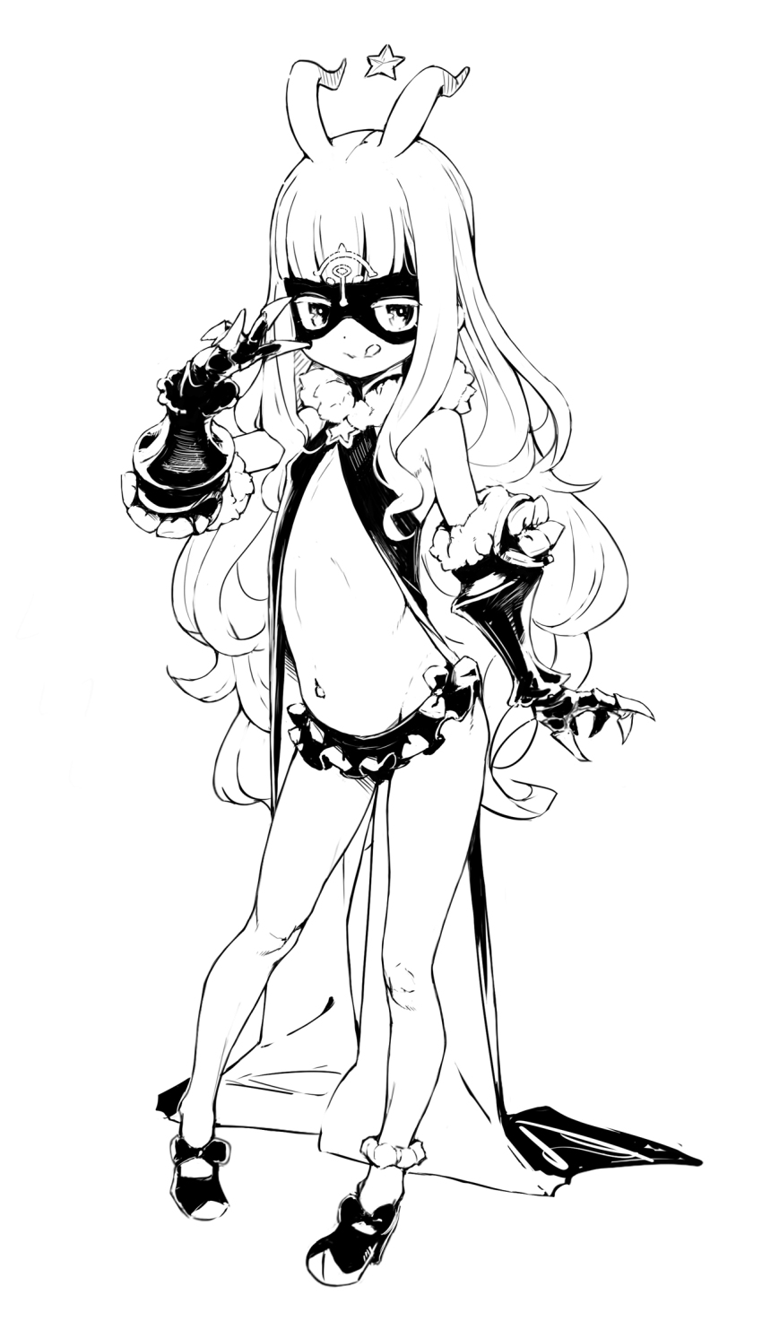 1girl :q ankle_garter antenna_hair ataruman eye_mask flat_chest full_body gauntlets greyscale highres hoshimiya_kate long_hair looking_at_viewer lowleg lowleg_skirt monochrome navel revealing_clothes sekai_seifuku:_bouryaku_no_zvezda skirt smile solo tongue tongue_out v venera-sama