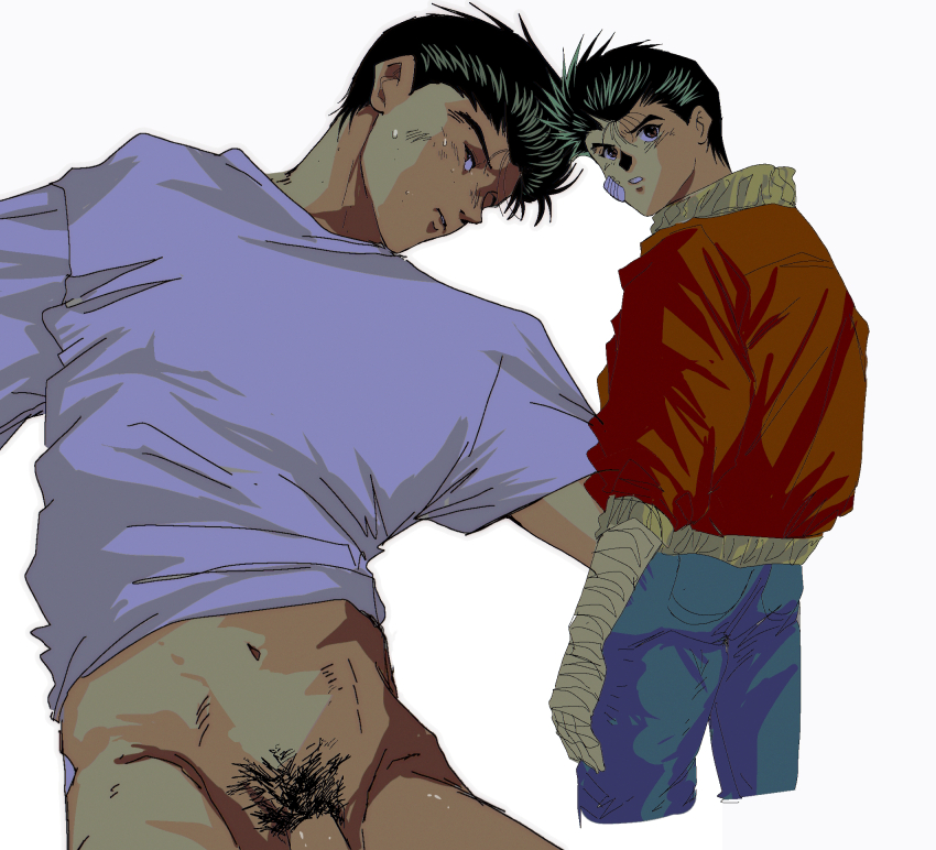 1boy bandage_on_face bandages clothes_lift hiei4455 highres jacket looking_back male_focus pants pubic_hair shirt shirt_lift solo urameshi_yuusuke white_background yuu_yuu_hakusho