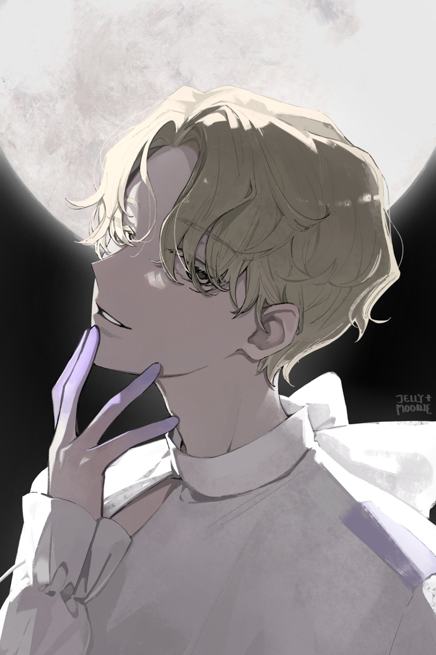 1boy alien_stage artist_name blonde_hair clothing_cutout colored_extremities colored_eyelashes commentary english_commentary full_moon hand_on_own_face highres long_sleeves looking_at_viewer luka_(alien_stage) male_focus moon moonie parted_lips portrait shirt short_hair smile solo very_short_hair white_shirt yellow_eyes