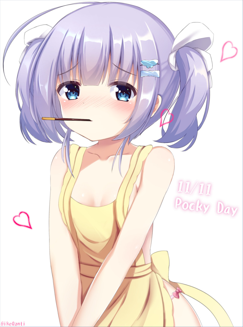 1girl ahoge alternate_costume amairo_islenauts apron back_bow bare_shoulders blue_bow blue_eyes blue_hair blunt_bangs blush bow breasts closed_mouth collarbone commentary_request cowboy_shot dated food food_in_mouth furrowed_brow hair_bow hair_ribbon heart highres ikeq medium_hair naked_apron nose_blush petite pocky pocky_day pocky_in_mouth ribbon shiraga_airi simple_background small_breasts solo twintails twitter_username v_arms white_background white_ribbon yellow_apron yellow_bow