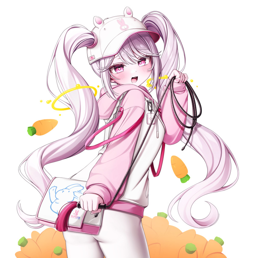1girl :3 :d absurdres alice_(nikke) alice_(sweet_home)_(nikke) animal_charm animal_ear_headwear animal_ears animal_hat animal_print baseball_cap charm_(object) cowboy_shot dasom fake_animal_ears floating_headgear goddess_of_victory:_nikke hair_through_headwear hat headgear heart heart-shaped_pupils highres hood hood_down hoodie long_hair long_sleeves looking_at_viewer official_alternate_costume open_mouth pants pink_eyes pink_hoodie pink_sleeves rabbit_charm rabbit_hat rabbit_print smile symbol-shaped_pupils teeth twintails two-tone_hoodie upper_teeth_only whip white_hoodie yoga_pants