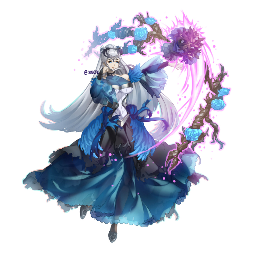 1girl alternate_costume black_choker black_dress black_footwear black_tiara blue_dress blue_eyes blue_flower blue_rose bouquet breasts bride choker cleavage conope dress eir_(fire_emblem) fire_emblem fire_emblem_heroes flower halloween halloween_costume highres large_breasts long_hair nintendo ponytail rose see-through_clothes see-through_sleeves sidelocks solo thorns tiara wedding_dress white_dress white_hair