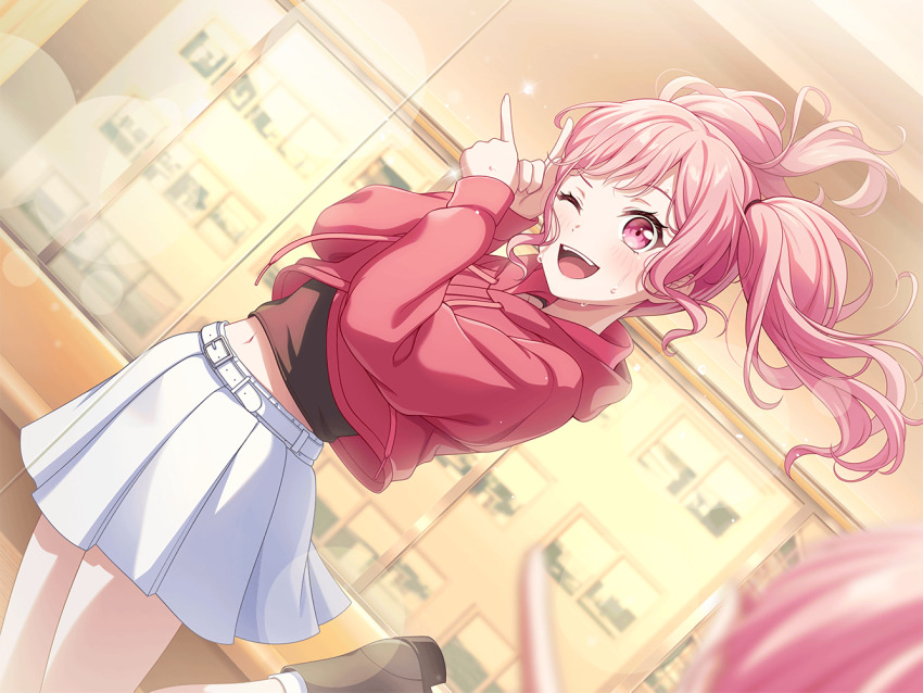 1girl ;d bang_dream! belt black_shirt blush drawstring dutch_angle hood hood_down hoodie index_fingers_raised indoors leg_up long_hair long_sleeves maruyama_aya midriff mirror navel official_art one_eye_closed open_mouth pink_eyes pink_hair pink_hoodie pleated_skirt reflection reflection_focus shirt shoes skirt smile solo sparkle sweat teeth third-party_source twintails upper_teeth_only white_skirt