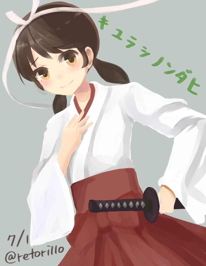 10s 1girl alternate_costume artist_name bad_id bad_twitter_id brown_eyes brown_hair dated female_focus hair_ornament hair_ribbon hakama hakama_skirt hand_on_own_chest hidan_no_aria highres holding holding_weapon hotogi_shirayuki japanese_clothes kantai_collection looking_at_viewer low_twintails miko name_connection parted_bangs pleated_skirt red_hakama retorillo ribbon shirayuki_(kancolle) short_hair simple_background skirt smile solo sword translation_request twintails twitter_username weapon