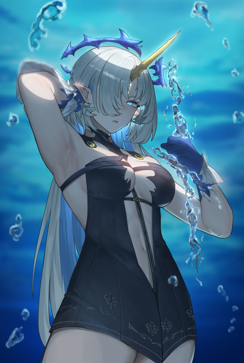 1girl absurdres alternate_breast_size arm_up armpits black_collar black_dress blonde_hair blue_eyes blue_hair blue_hands breasts center_opening chinese_commentary collar colored_inner_hair commentary_request cowboy_shot crown_of_thorns dress fleurdelys_(wuthering_waves) highres holding horns long_hair looking_at_viewer medium_breasts multicolored_hair navel one_eye_covered parted_lips pointy_ears presenting_armpit sa-baaa short_dress single_horn solo stomach tacet_mark_(wuthering_waves) wuthering_waves yellow_horns