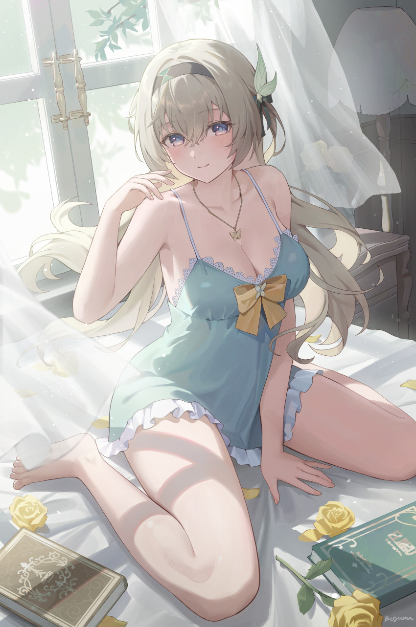 1girl absurdres alternate_costume bare_shoulders barefoot bed bedroom between_legs black_hairband book bow breasts buguma butterfly_necklace chemise cleavage closed_mouth commentary curtains english_commentary firefly_(honkai:_star_rail) floating_hair floor_lamp flower full_body green_chemise grey_hair hair_between_eyes hair_intakes hairband hand_between_legs hand_up highres honkai:_star_rail honkai_(series) indoors jewelry lamp large_breasts long_hair looking_at_viewer multicolored_eyes necklace nightstand on_bed orange_bow signature sitting smile solo sunlight two-tone_eyes wariza window yellow_flower