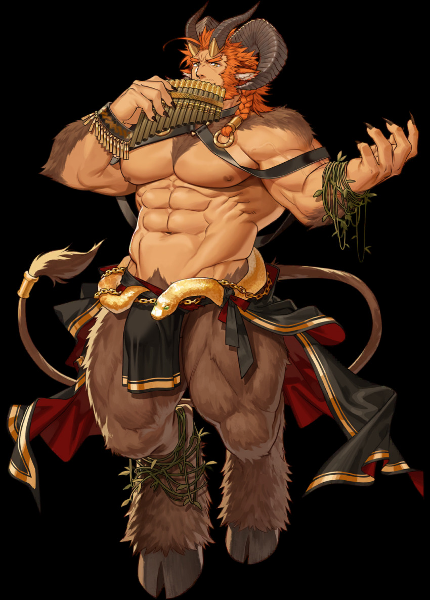 1boy abs animal_ears another_eidos-r azmond_(another_eidos) bara beard biceps body_fur braid brown_fur bulge chest_harness clothes_around_waist curled_horns facial_hair fingernails flute fork full_body goat_boy goat_ears goat_horns goat_tail gomtang harness highres holding holding_instrument horns instrument large_bulge large_pectorals long_hair looking_at_viewer male_focus male_pubic_hair mature_male monster_boy muscular muscular_male music mustache navel nipples non-web_source official_art open_hand orange_hair pectorals pelvic_curtain plant playing_instrument pubic_hair pubic_hair_peek satyr sharp_fingernails single_braid snake solo stomach tail_raised thick_eyebrows thick_thighs thighs topless_male vines