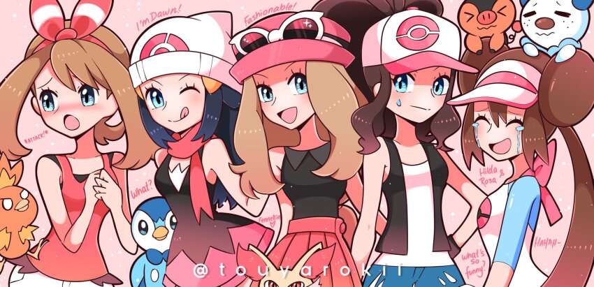 5girls blue_eyes blush brown_hair dawn_(pokemon) english_text fennekin freckles gen_3_pokemon gen_4_pokemon gen_5_pokemon gen_6_pokemon hat highres hilda_(pokemon) licking licking_lips long_hair may_(pokemon) multiple_girls nintendo open_mouth oshawott piplup pokemon pokemon_(creature) pokemon_bw pokemon_bw2 pokemon_dppt pokemon_oras pokemon_xy ponytail rosa_(pokemon) serena_(pokemon) sidelocks smile sunglasses tears tepig tongue tongue_out torchic touyarokii twintails wavy_mouth