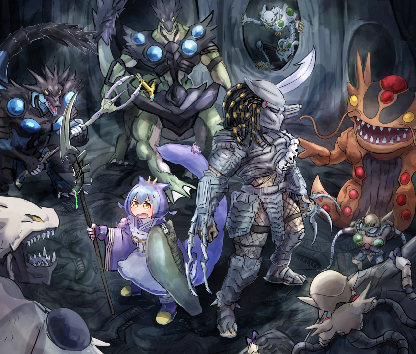 1girl absurdres alien alien_(series) alien_hunter alien_infiltrator alien_mars alien_shocktrooper alien_skull alien_telepath alien_vs._predator alien_warrior apron arm_blade armor blue_hair crossover dragon_girl dragon_horns dragon_tail dreadlocks dress duel_monster fang fishnets gauntlets gloves hatano_kiyoshi helmet highres horns lace-trimmed_apron lace_trim laser_sight laundry_dragonmaid long_hair long_sleeves maid maid_apron mask multicolored_hair muscular open_mouth pauldrons plasma_caster predator_(1987) predator_(character) predator_(series) short_hair shoulder_armor shoulder_cannon skull tail thigh_armor wa_maid weapon wrist_blades yellow_eyes yu-gi-oh!