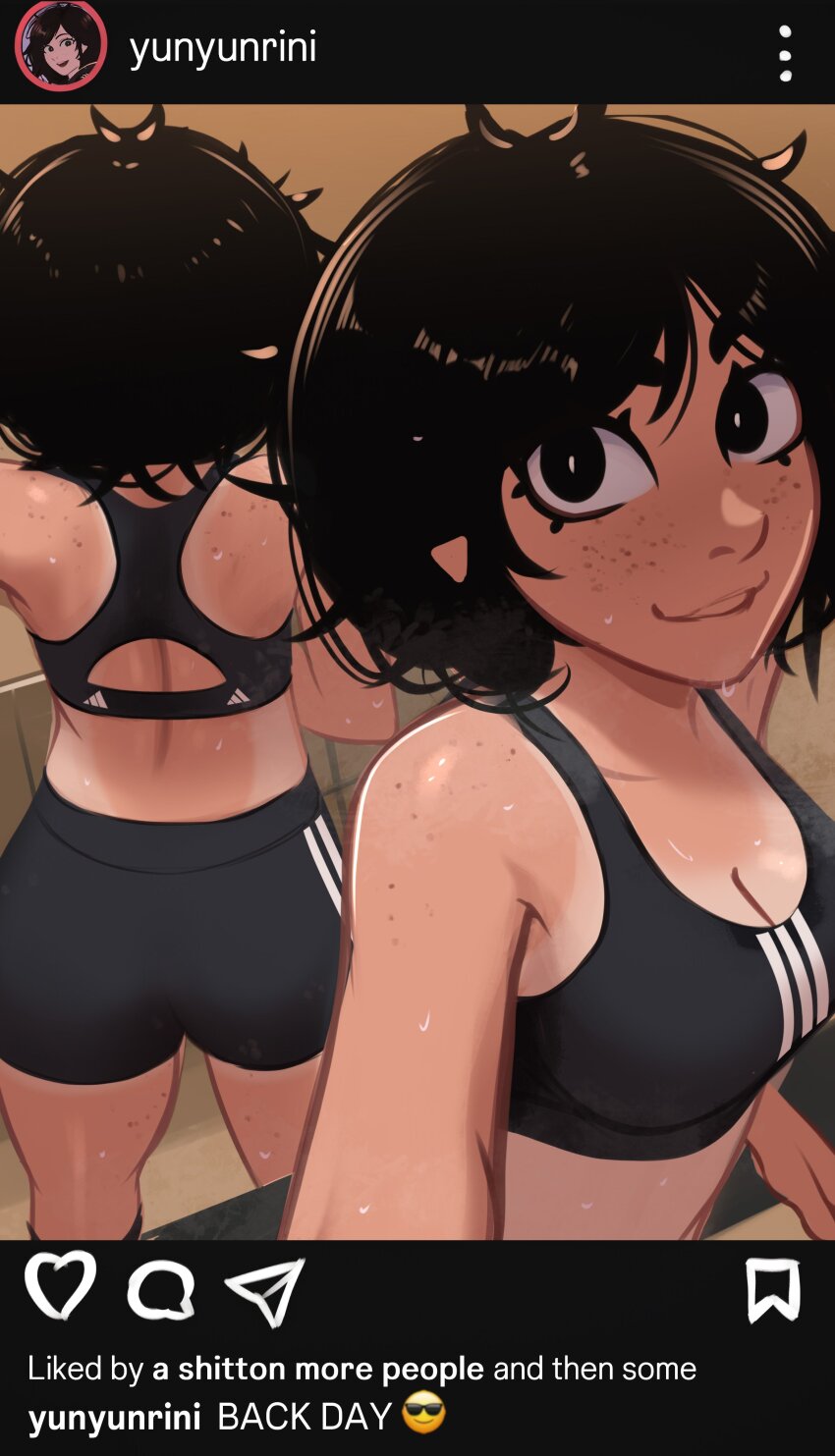 absurdres adidas belly body_freckles freckles gym highres instagram_username jim mirror_selfie navel selfie showing_butt sweat tagme tan tanline tomboy veyonis yuna_(veyonis)