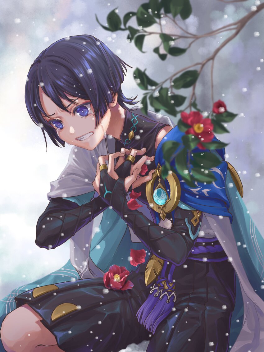 1boy absurdres anemo_symbol_(genshin_impact) armor belt black_belt black_bodysuit black_bridal_gauntlets black_hair black_shorts blue_cape blue_gemstone blue_kimono blue_sleeves blunt_ends bodysuit bridal_gauntlets bright_pupils cape clenched_teeth clutching_chest crying crying_with_eyes_open eyeliner eyeshadow falling_petals feathers flower furisode gem genshin_impact gold gold_ring hakama hakama_shorts han&#039;eri hands_on_own_chest highres japanese_armor japanese_clothes kimono kneeling kote kurokote layered_kimono layered_sleeves makeup male_focus mandarin_collar middle_ring open_clothes open_kimono outdoors petals pleated_shorts pom_pom_(clothes) purple_eyes purple_rope purple_sash red_eyeliner red_eyeshadow red_flower red_petals rope sash scaramouche_(genshin_impact) short_sleeves shorts shoulder_peek snow snowing solo tassel tears teeth vision_(genshin_impact) wanderer_(genshin_impact) white_kimono white_pupils white_sleeves white_trim xiao_kaya yellow_feathers