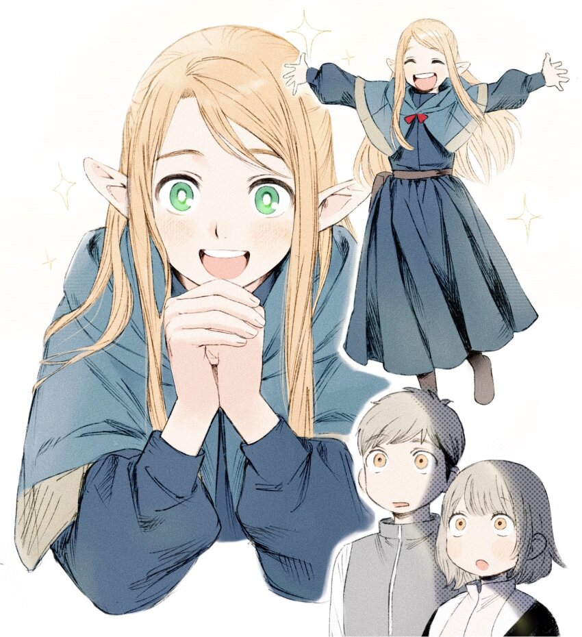 1boy 2girls blonde_hair dungeon_meshi falin_touden falin_touden_(tallman) frs2 green_eyes highres laios_touden marcille_donato multiple_girls multiple_views own_hands_clasped pointy_ears