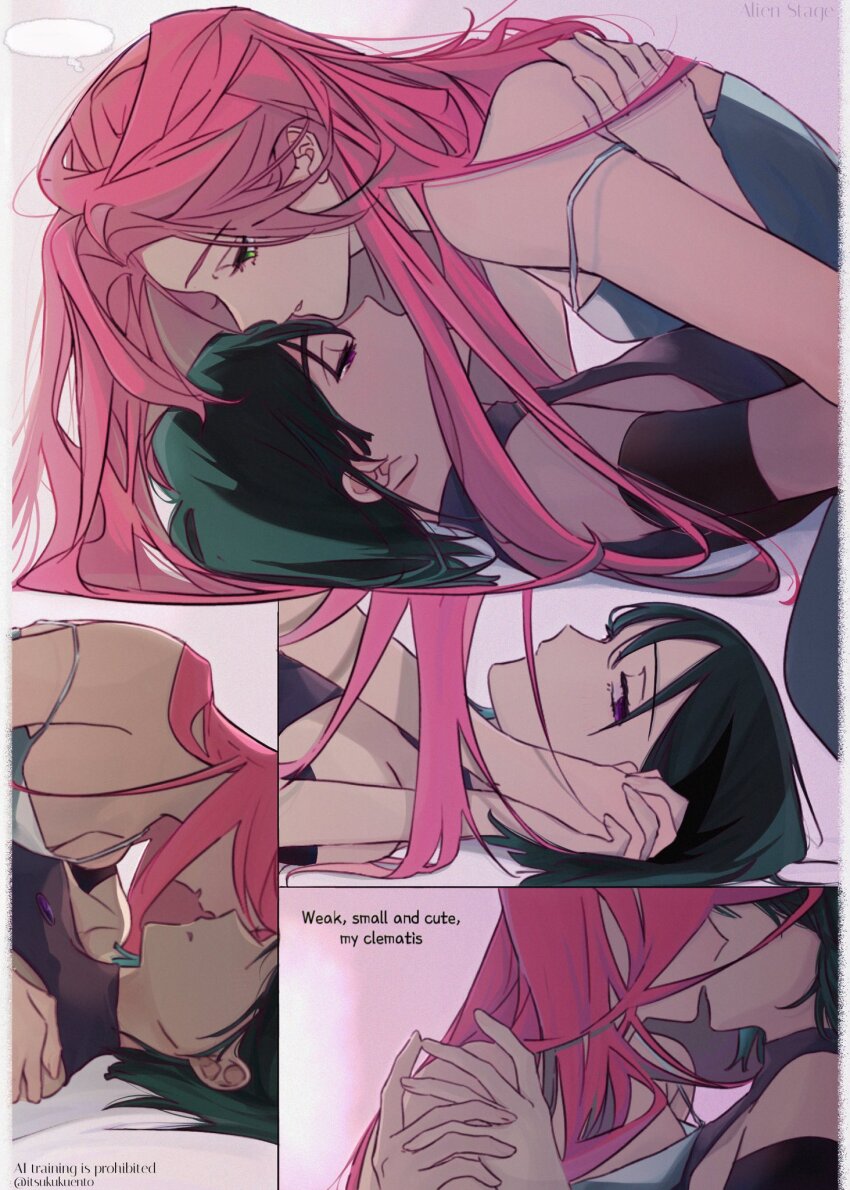 2girls alien_stage black_dress blank_speech_bubble blue_dress commentary dress english_text green_eyes green_hair hand_on_another&#039;s_back highres holding_hands interlocked_fingers itsuku_ento kiss long_hair mizi_(alien_stage) multiple_girls pink_hair purple_eyes speech_bubble strap_slip sua_(alien_stage) yuri