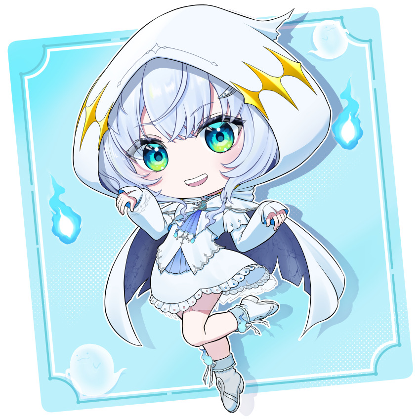 1girl :d absurdres ascot blue_ascot blue_background blue_eyes blue_fire blush boots briareos cape chibi chibi_only commentary_request dress fire frilled_dress frills full_body ghost highres hitodama hood hood_up hooded_cape kasukane_shino large_variant_set looking_at_viewer nanashi_inc. open_mouth shadow short_hair smile solo standing standing_on_one_leg variant_set virtual_youtuber white_background white_boots white_cape white_dress white_hair