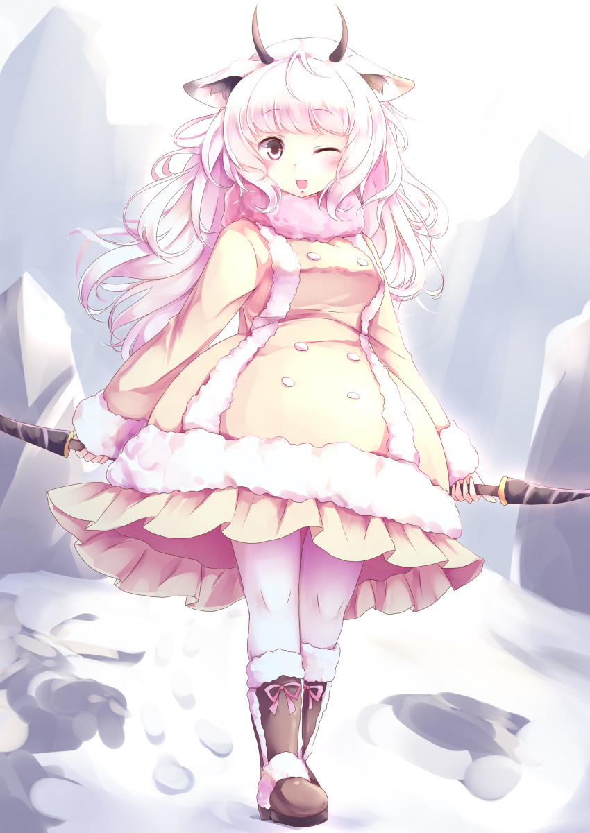 10s 1girl absurdres animal_ears blunt_bangs blush boots breasts brown_boots coat_dress dress female_focus footprints frilled_dress frills fur-trimmed_boots fur_trim highres holding holding_weapon horns kanzakietc kemono_friends long_sleeves looking_at_viewer mountain one_eye_closed open_mouth pink_eyes pink_theme sheep_ears sheep_horns sidelocks smile snow snow_sheep_(kemono_friends) solo standing weapon white_legwear