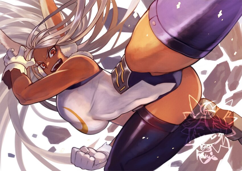 1girl animal_ears artist_logo bare_shoulders boku_no_hero_academia breasts clenched_hand commentary covered_navel crescent_print dark-skinned_female dark_skin debris english_commentary floating_hair fur_collar gloves highleg highleg_leotard highres large_breasts leotard logo long_eyelashes long_hair looking_at_viewer midair mirko mixed-language_commentary open_mouth parted_bangs purple_thighhighs rabbit_ears rabbit_girl red_eyes rumie signature sleeveless_turtleneck_leotard smile solo taut_leotard teeth thick_thighs thighhighs thighs toned toned_female upper_teeth_only very_long_hair white_gloves white_hair white_leotard