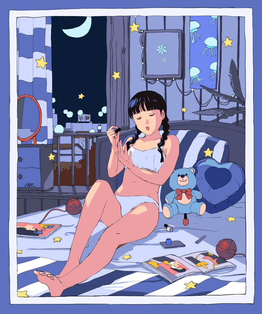 1girl aorkgk bare_arms bare_legs bare_shoulders barefoot bed bed_sheet black_hair blue_nails bra braid breasts cabinet crescent_moon curtains female_focus flower framed full_body highres indoors lipstick long_hair lying magazine_(object) makeup medium_breasts mirror moon moonlight nail_polish navel night original panties pillow plant railing shadow slice_of_life solo solo_focus star_(symbol) stuffed_animal stuffed_toy table teddy_bear toenails twin_braids underwear underwear_only window wool