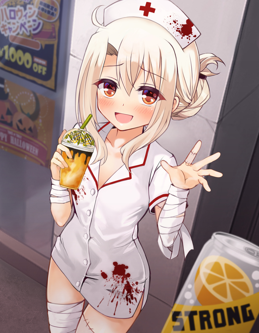 1girl bandaged_leg bandages blush breasts commentary_request dress fate/kaleid_liner_prisma_illya fate_(series) halloween hat highres illyasviel_von_einzbern looking_at_viewer mochi_(k620803n) nurse nurse_cap open_mouth paid_reward_available red_eyes sidelocks small_breasts smile solo white_hair