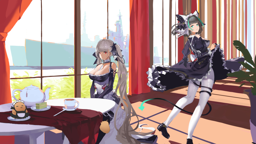 2girls :3 absurdly_long_hair absurdres alternate_costume animal_ears aqua_eyes aqua_hair azur_lane bare_shoulders between_breasts black_dress breasts cake cake_slice cat_ears cheshire_(azur_lane) cleavage clothes_lift clothing_cutout curtains day dress dress_lift enmaided fake_animal_ears food forico formidable_(azur_lane) frilled_dress frills from_behind full_body highres indoors large_breasts long_hair long_ribbon looking_at_viewer looking_back maid maid_headdress manjuu_(azur_lane) multiple_girls pantyhose plant platinum_blonde_hair potted_plant purple_dress red_curtains red_eyes ribbon round_table shadow shoulder_cutout sitting skirt_hold table tea_set twintails two-tone_dress two-tone_ribbon very_long_hair white_legwear window