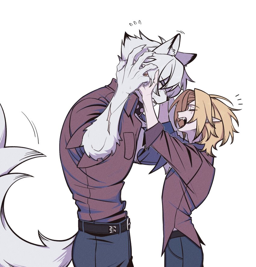 2boys arms_up belt belt_buckle black_belt black_collar blonde_hair blue_pants breast_pocket brown_shirt buckle clenched_teeth closed_eyes collar collared_shirt cowboy_shot curtained_hair fangs fingernails from_side furry furry_male hands_on_another&#039;s_face highres hugo_vlad long_pointy_ears male_focus multiple_boys notice_lines open_mouth pants parted_bangs pocket pointy_ears profile rondnoir sharp_fingernails shirt short_sleeves simple_background sleeve_cuffs standing tail teeth upper_teeth_only von_lycaon white_background white_hair wing_collar zenless_zone_zero