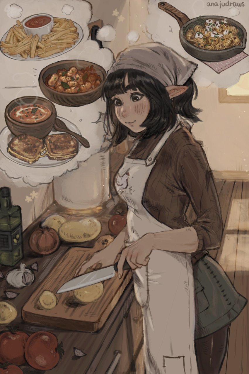 1girl absurdres anajudraws apron artist_name black_hair black_pantyhose blush bottle brown_eyes brown_shirt closed_mouth cooking cooking_oil food garlic highres holding holding_knife indoors knife looking_down medium_hair oil original pantyhose pointy_ears potato shirt skirt sleeves_rolled_up smile soup speech_bubble spoon standing star_(sky) table thick_eyebrows thought_bubble tomato