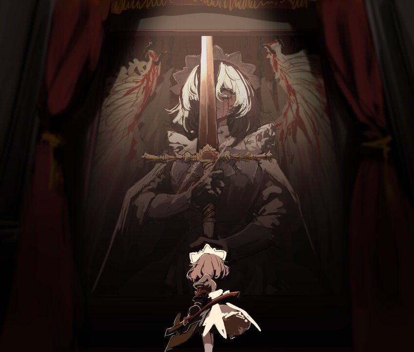 2girls absurdres armor blood bloody_tears brown_hair centurii-chan chain character_request cloak executioner_maid_(apprentice)_(centurii-chan) feathered_wings halberd highres holding holding_polearm holding_sword holding_weapon hook medium_hair multiple_girls original painting_(object) polearm red_curtains shaded_face skirt sword weapon white_hair white_headdress white_skirt wings