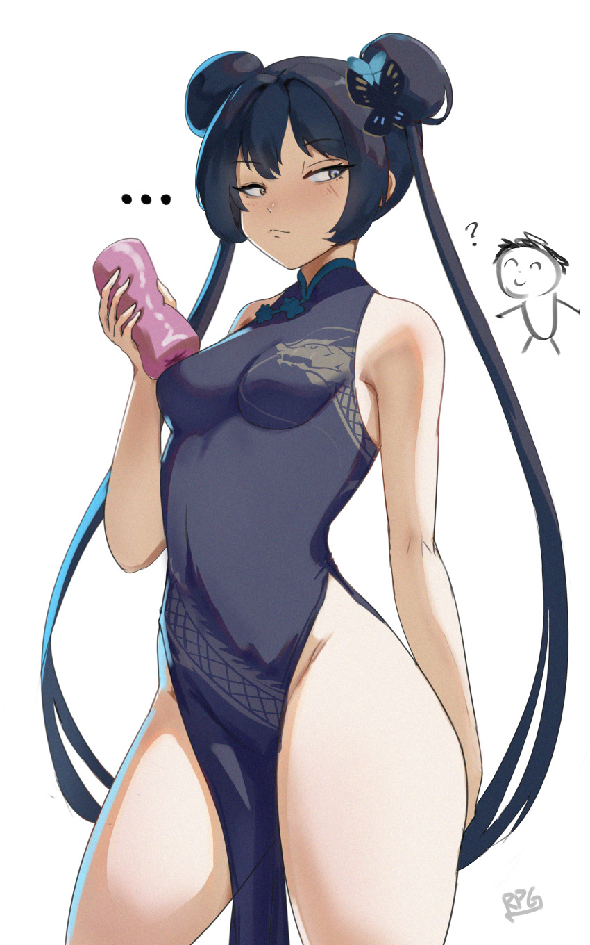 ... 1boy 1girl ? absurdres aqua_hair artificial_vagina bare_arms bare_legs black_dress black_hair blue_archive breasts china_dress chinese_clothes closed_mouth commentary covered_navel doodle_sensei_(blue_archive) double_bun dress english_commentary grey_eyes hair_bun highres holding kisaki_(blue_archive) long_hair multicolored_hair sana!rpg sensei_(blue_archive) sex_toy sidelocks simple_background sleeveless sleeveless_dress small_breasts standing thick_thighs thighs twintails two-tone_hair very_long_hair white_background
