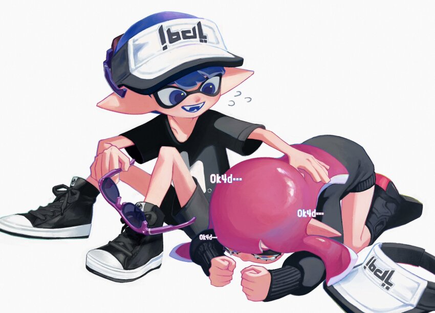1boy 1girl all_fours black_shirt black_shoes black_shorts black_sweater blue_eyes blue_hair blue_tongue colored_tongue comforting crying crying_with_eyes_open fangs flying_sweatdrops full_body glasses hat highres holding holding_removed_eyewear inkling inkling_boy inkling_girl inkling_player_character invisible_chair ka1_(k4k37) long_hair long_sleeves looking_at_another nintendo open_mouth orange_eyes over-rim_eyewear pink_hair pointy_ears purple-framed_eyewear purple_pupils semi-rimless_eyewear shirt shoes short_hair short_sleeves shorts sitting smile sneakers splatoon_(series) sweater t-shirt tears tentacle_hair unworn_eyewear unworn_headwear visor_cap white_background white_hat yurie_mouth