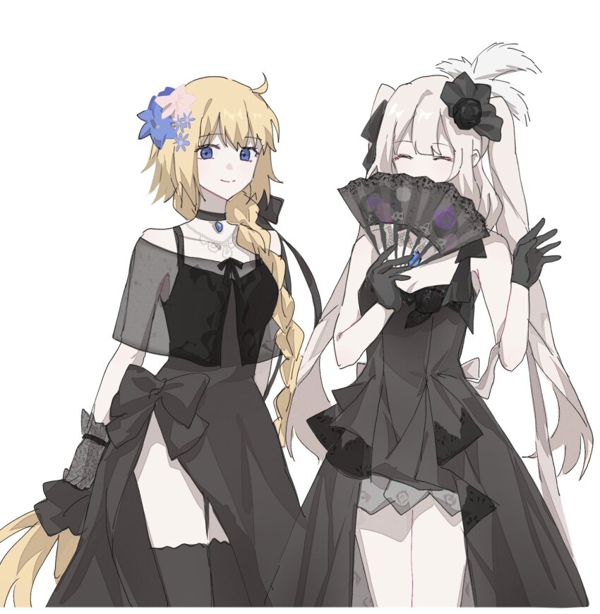 2girls ahoge bare_shoulders black_dress black_gloves blue_eyes blue_flower braid closed_eyes dress fate/grand_order fate_(series) flower gloves grey_hair hair_flower hair_ornament highres jeanne_d&#039;arc_(fate) jeanne_d&#039;arc_(formal_dress)_(fate) jeanne_d&#039;arc_(ruler)_(fate) long_hair looking_at_viewer marie_antoinette_(fate) marie_antoinette_(formal_dress)_(fate) multiple_girls nekwnek official_alternate_costume simple_background sleeveless sleeveless_dress smile twintails very_long_hair white_background