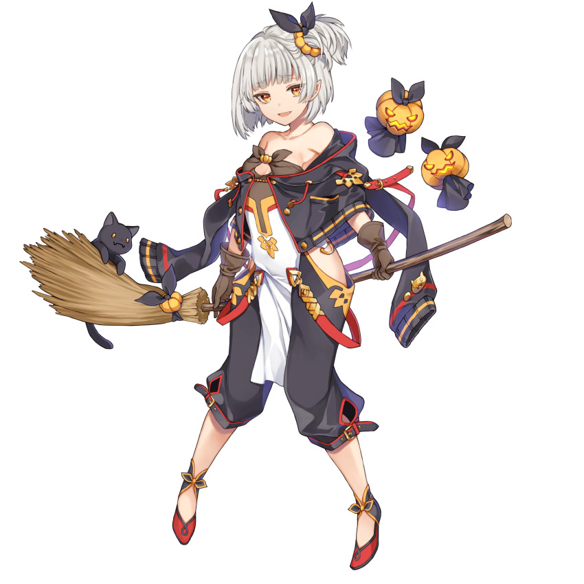 1girl 3others animal_ears artist_request bare_shoulders belt belt_buckle black_belt black_capelet black_cat black_hood black_pants black_ribbon broom brown_gloves buckle buttons capelet cat cat_ears cat_ornament cat_tail cleavage_cutout clothing_cutout collarbone drawstring fang fangs final_gear flats floating full_body gloves glowing glowing_eyes glowing_mouth gold_buckle grey_eyebrows grey_hair hair_ribbon hairband highres holding holding_broom hood hooded_capelet multiple_others no_socks official_art one_side_up open_mouth pants pocket pointy_ears pumpkin pumpkin_ornament red_belt ribbon short_hair simple_background skin_fangs solo_focus sura_(final_gear) suspenders tachi-e tail teeth third-party_source tongue transparent_background two-tone_footwear upper_teeth_only white_loincloth yellow_eyes