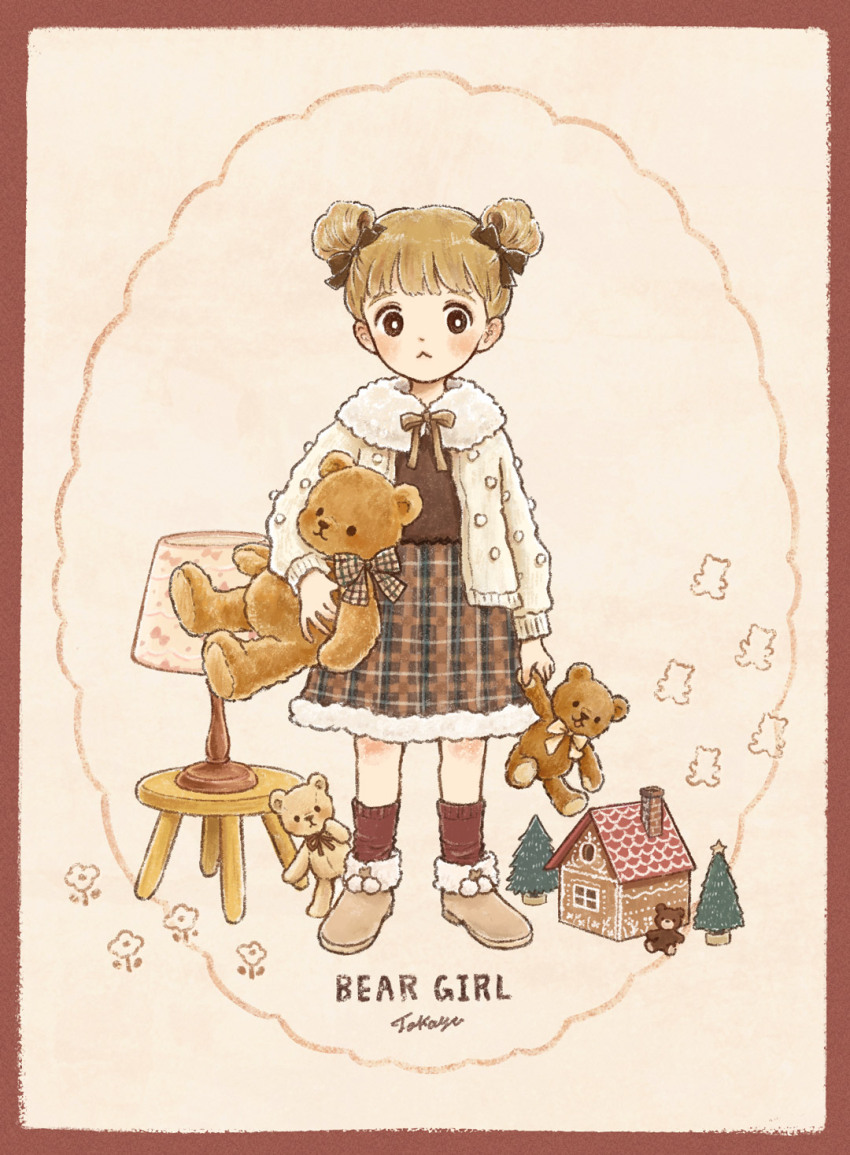 1girl :&lt; artist_name black_eyes border bow bright_pupils brown_border brown_cardigan brown_eyes brown_footwear brown_ribbon brown_shirt brown_socks cardigan child chimney christmas_tree closed_mouth english_text full_body fur-trimmed_footwear fur-trimmed_skirt fur_collar fur_trim gingerbread_house highres holding holding_stuffed_toy lamp lampshade light_blush light_brown_background light_brown_hair lineart long_sleeves looking_at_viewer multicolored_skirt original plaid_clothes plaid_ribbon plaid_skirt plant pleated_skirt ribbon shirt short_hair size_difference skirt socks solo standing star_(symbol) stool stuffed_animal stuffed_toy teddy_bear tokoyu yellow_bow yellow_ribbon