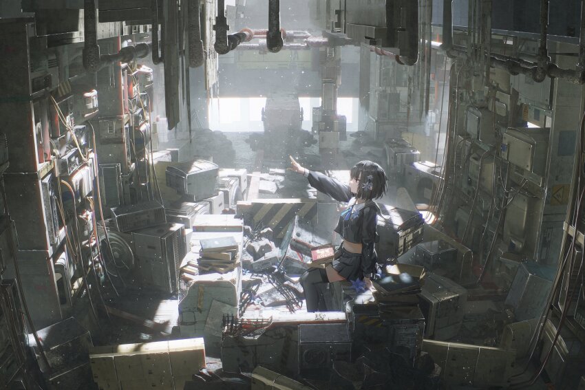 1girl 3d absurdres air_conditioner arm_support black_hair black_shirt black_skirt black_thighhighs blue_flower book book_on_lap book_stack closed_mouth commentary_request computer computer_tower crt flower flower_ornament from_side hair_ornament highres industrial_pipe light_particles loaded_interior long_sleeves messy_room midriff mixed_media monitor muted_color novelance original outstretched_arm pleated_skirt rebar red_eyes roomscape sailor_collar school_uniform shirt short_hair sitting skirt thighhighs white_sailor_collar wide_shot window wire