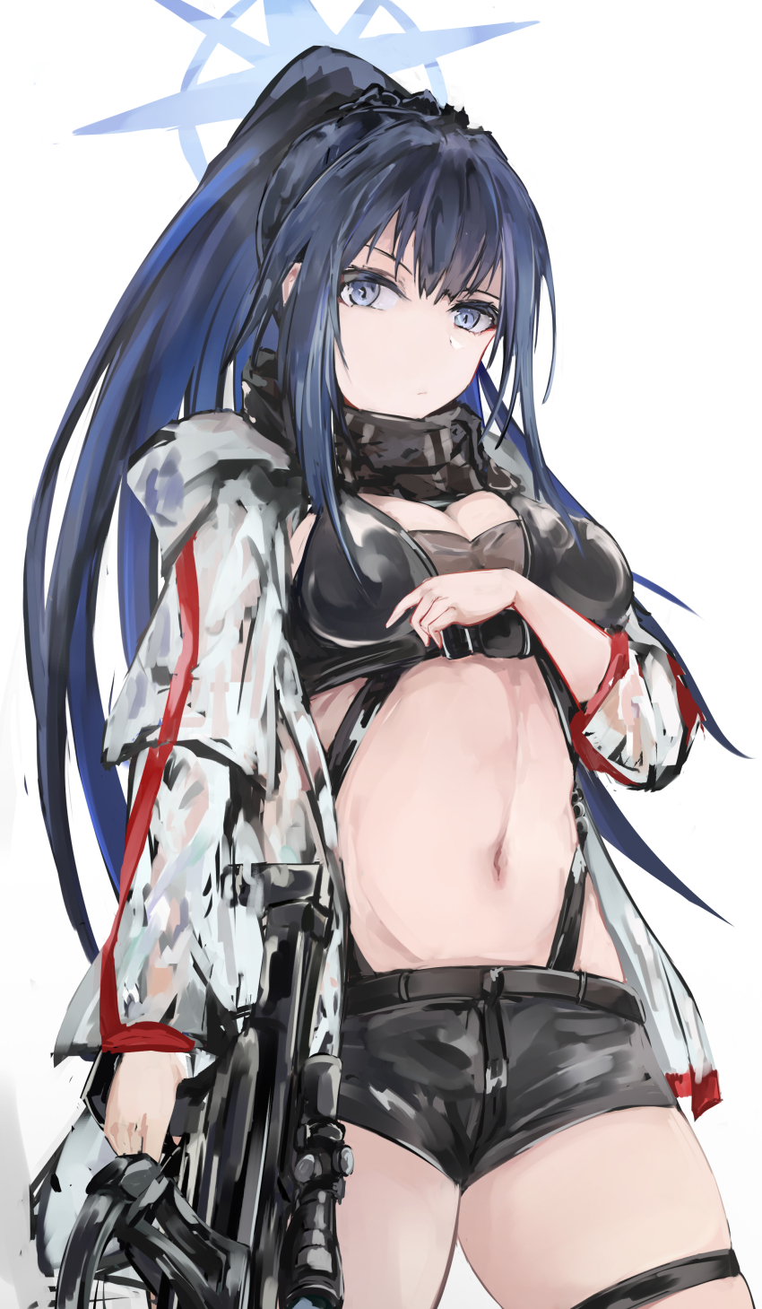 1girl absurdres arknights black_scarf black_shorts blue_archive blue_eyes blue_hair bow_(weapon) breasts cleavage commentary_request cosplay cowboy_shot crop_top crossbow highres holding holding_crossbow holding_weapon jacket kisumun large_breasts long_hair long_sleeves looking_at_viewer midriff navel open_clothes open_jacket ponytail saori_(blue_archive) scarf schwarz_(arknights) schwarz_(arknights)_(cosplay) short_shorts shorts simple_background solo standing stomach thigh_strap thighs very_long_hair weapon white_background white_jacket