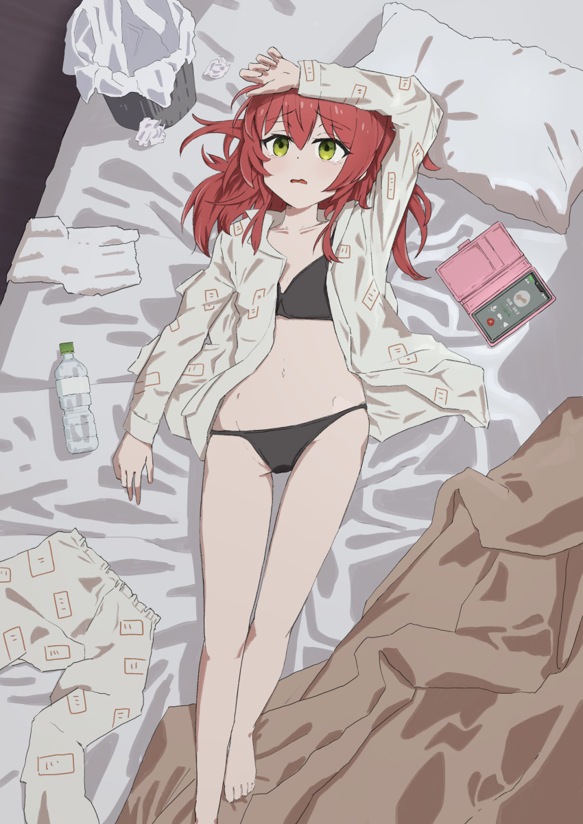 1girl absurdres barefoot bed_sheet black_bra black_panties bocchi_the_rock! bottle bra cellphone commentary disheveled futon green_eyes hair_between_eyes highres implied_after_masturbation indoors kita_ikuyo lying messy_hair navel on_back on_bed open_clothes open_shirt panties pants phone phone_sex pillow red_hair smartphone solo tearing_up trash_can tsujiya_okuyasu underwear unworn_pants water_bottle