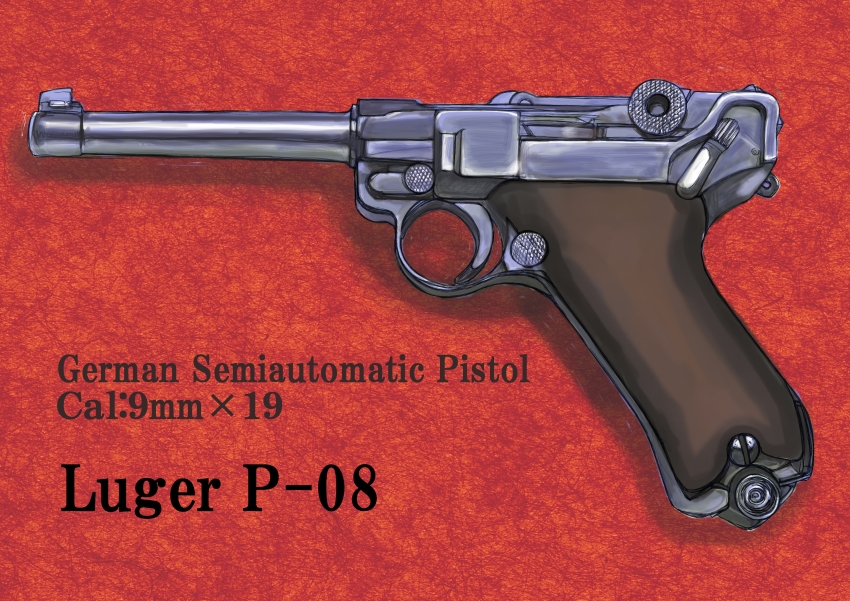 absurdres boku_wa_shougakusei english_text gun handgun highres luger_p08 no_humans original push-button red_background scratches screw shadow still_life weapon weapon_focus weapon_name