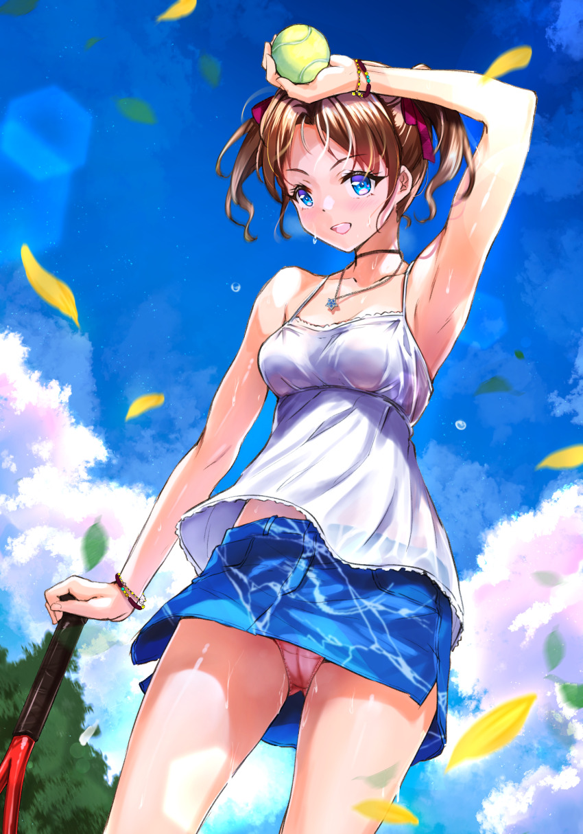 1girl arm_up armpits ball black_choker blue_eyes bracelet breasts brown_hair camisole choker cloud cloudy_sky commentary_request cowboy_shot denim denim_skirt falling_leaves falling_petals follen_(639594) from_below highres holding_tennis_racket jewelry leaf looking_at_viewer medium_hair midriff_peek miniskirt necklace open_mouth original panties partial_commentary petals pink_panties skirt sky small_breasts smile solo sweat teeth tennis_ball thighs tree twintails underwear upper_teeth_only white_camisole wind